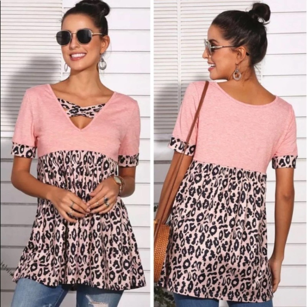 🔥SALE🔥 Pink Leopard Color Block Short Sleeve Top